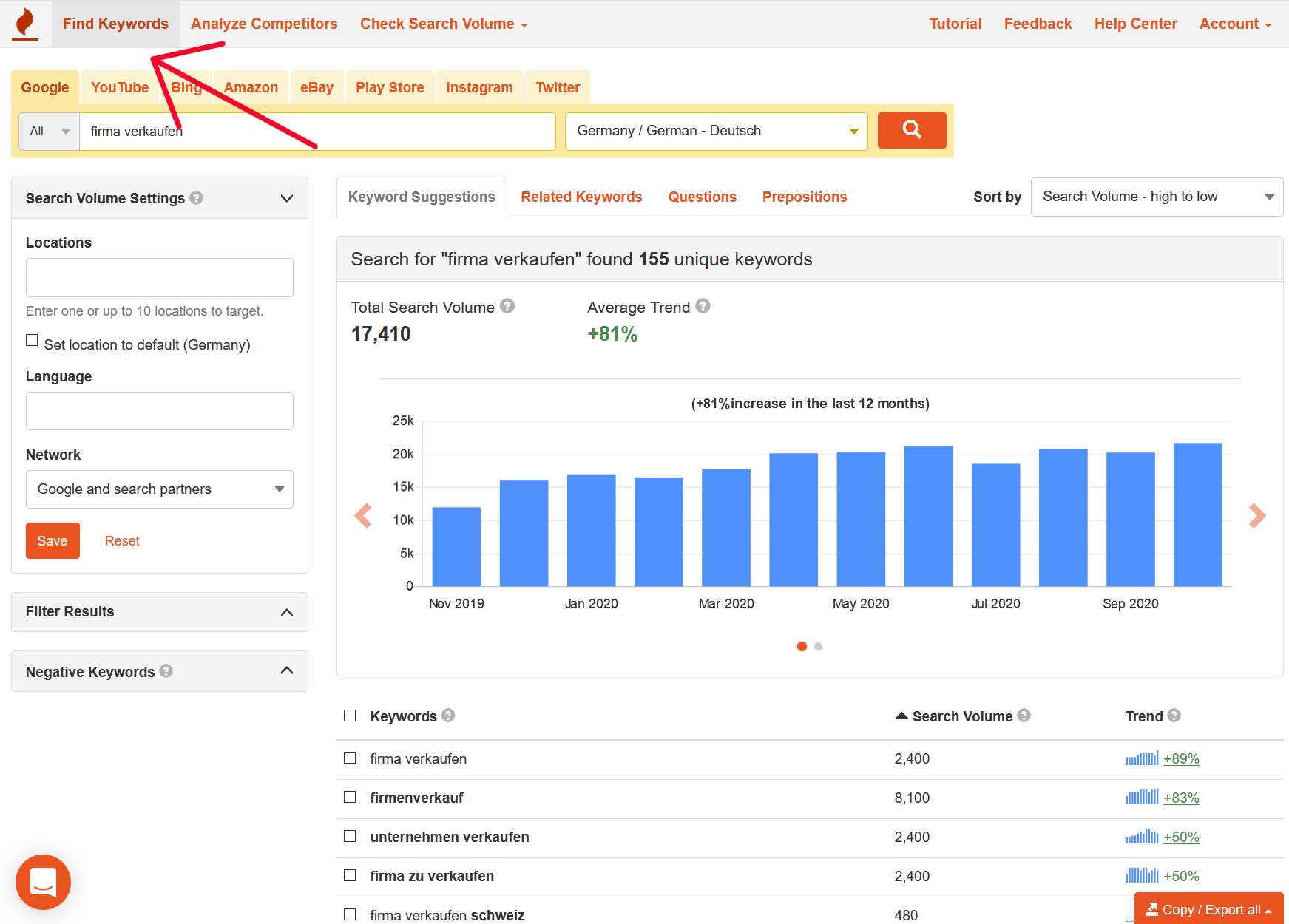 Keyword-Recherche mit dem Keywordtool.io
