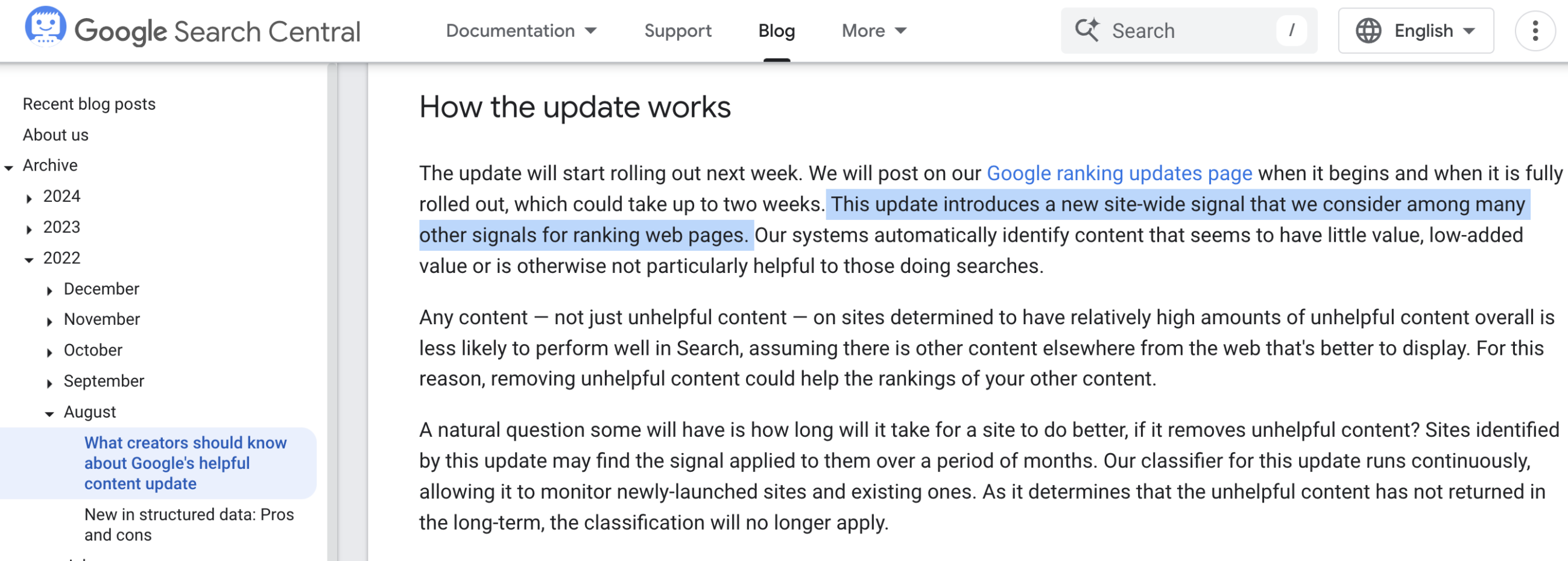 Low Quality Content Site-wide effects Google Documentationt Helpful Content Update System